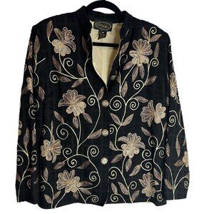 Vtg Alex Kim Black Textured Jacket Sparkly Buttons Beadwork Embroidery Floral M